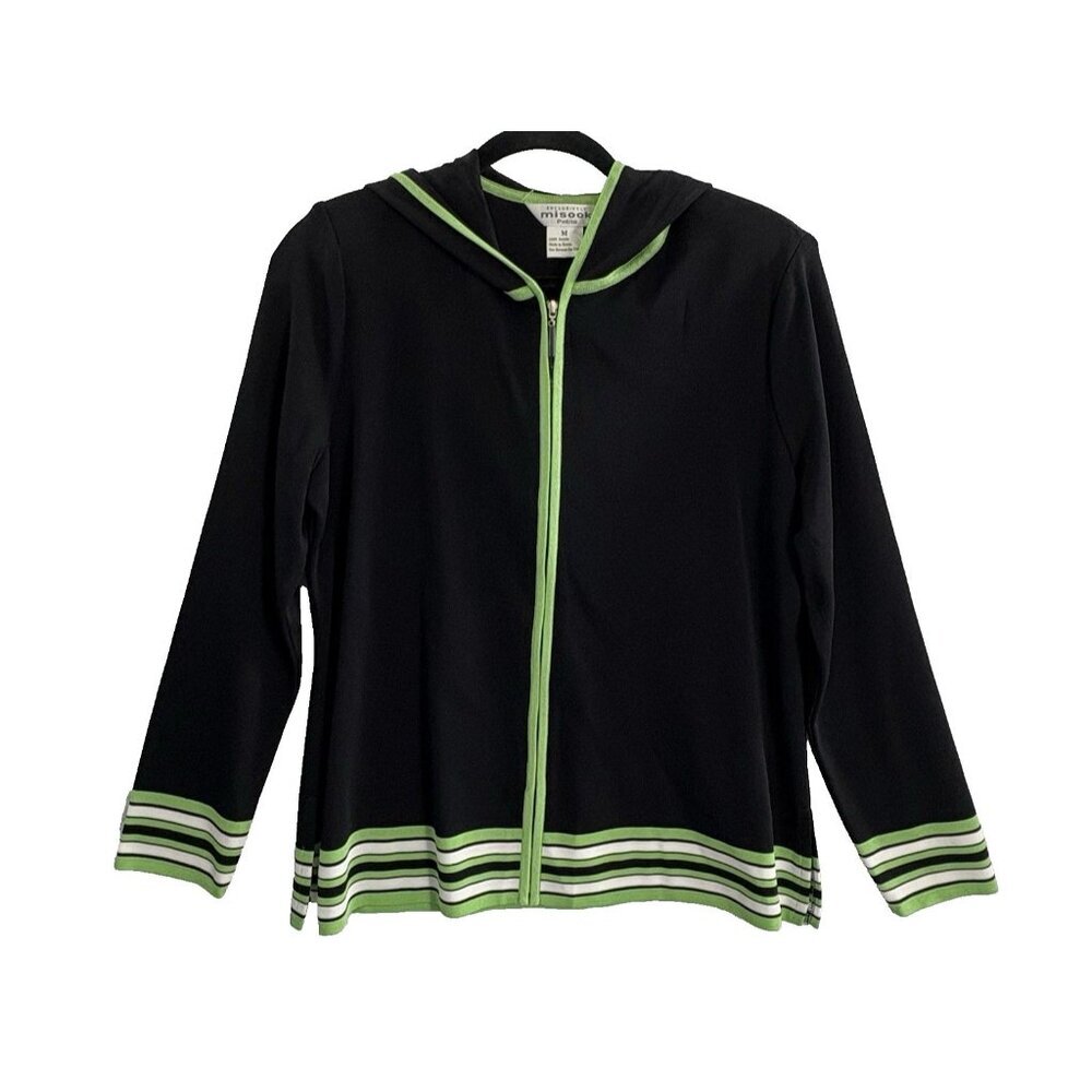 MISOOK Exclusively Women Cardigan Full Zip Sz M Black Green Hooded Classic 74-21